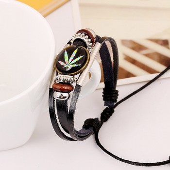 New Trendy Charm ID Bracelet Round Studded Male Leather Cuff Wrap Bracelet Wristband Jewelry Mens Color Maple Leaf Bangle