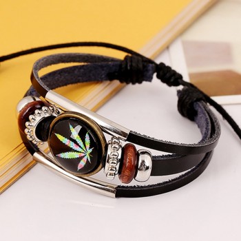 New Trendy Charm ID Bracelet Round Studded Male Leather Cuff Wrap Bracelet Wristband Jewelry Mens Color Maple Leaf Bangle