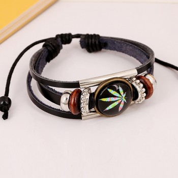 New Trendy Charm ID Bracelet Round Studded Male Leather Cuff Wrap Bracelet Wristband Jewelry Mens Color Maple Leaf Bangle