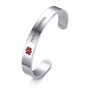 Medical Alert Message Engraved Cuff ID Bracelet for Men Women Stainless Steel TYPE 1 DIABETES ALLERGY Bangle Brackelts Brazalet