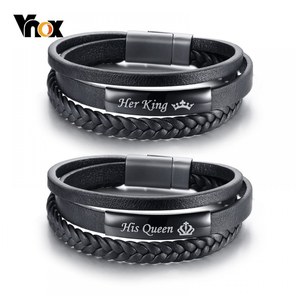Vnox His Queen and Her King Couple Bracelets Black Braided Genuine Leather Promise Love pulseira Gifts