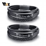 Vnox His Queen and Her King Couple Bracelets Black Braided Genuine Leather Promise Love pulseira Gifts