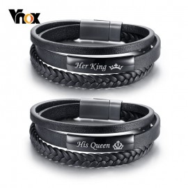 Vnox His Queen and Her King Couple Bracelets Black Braided Genuine Leather Promise Love pulseira Gifts