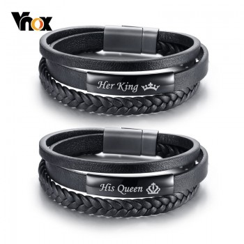 Vnox His Queen and Her King Couple Bracelets Black Braided Genuine Leather Promise Love pulseira Gifts