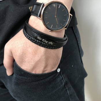 Vnox His Queen and Her King Couple Bracelets Black Braided Genuine Leather Promise Love pulseira Gifts