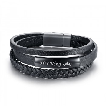 Vnox His Queen and Her King Couple Bracelets Black Braided Genuine Leather Promise Love pulseira Gifts