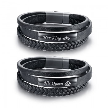 Vnox His Queen and Her King Couple Bracelets Black Braided Genuine Leather Promise Love pulseira Gifts
