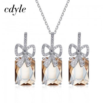 Cdyle Crystals from Swarovski Bowknot Shape Jewelry Sets For Women Gorgeous Party Jewelry 925 Sterling Silver Necklaceamp;Earrings