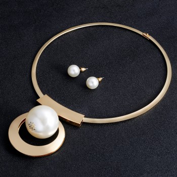 VIVILADY Bohemia Imitation Pearl Jewelry Sets Gold Color Big Beads Choker Necklace Earrings African Women Wedding Party Gifts