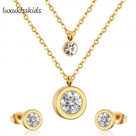 LUXUKISSKIDS 316L Stainless Steel Double Necklace With Earring CZ Jewelry Set