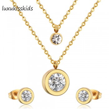 LUXUKISSKIDS 316L Stainless Steel Double Necklace With Earring CZ Jewelry Set