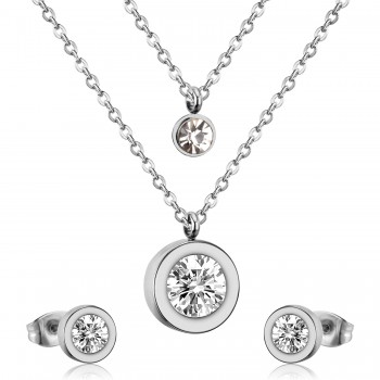 LUXUKISSKIDS 316L Stainless Steel Double Necklace With Earring CZ Jewelry Set