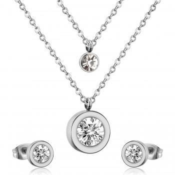 LUXUKISSKIDS 316L Stainless Steel Double Necklace With Earring CZ Jewelry Set