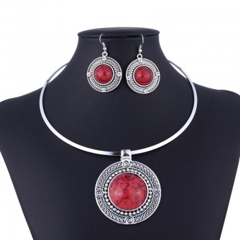 Round Collar Torques Necklace Set Earrings for Women Jewelry Set Red Stone Vintage Jewelry Sets Sieradenset Rood Taki Seti