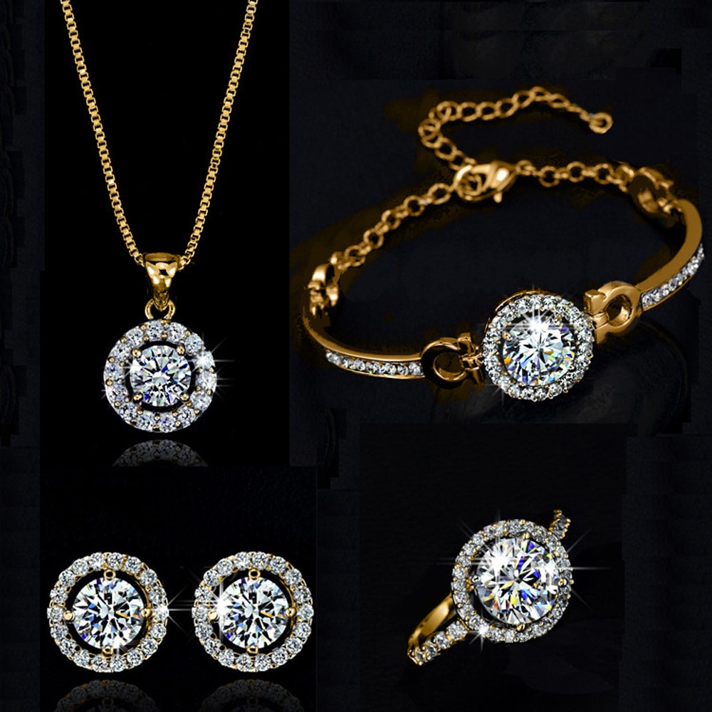 Top Quality Exquisite Women Wedding Necklace Earring Ring Jewelry Set silver plated silver Plated Zircon Crystal