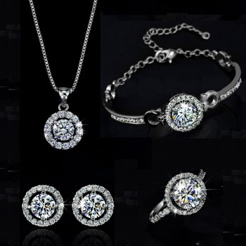 Top Quality Exquisite Women Wedding Necklace Earring Ring Jewelry Set silver plated silver Plated Zircon Crystal