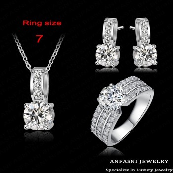 ANFASNI New Arrival Wedding Jewelry Set Silver Color Cubic Zircon Necklace/Earring/Ring Set Choose Size For Ring CST0022-B