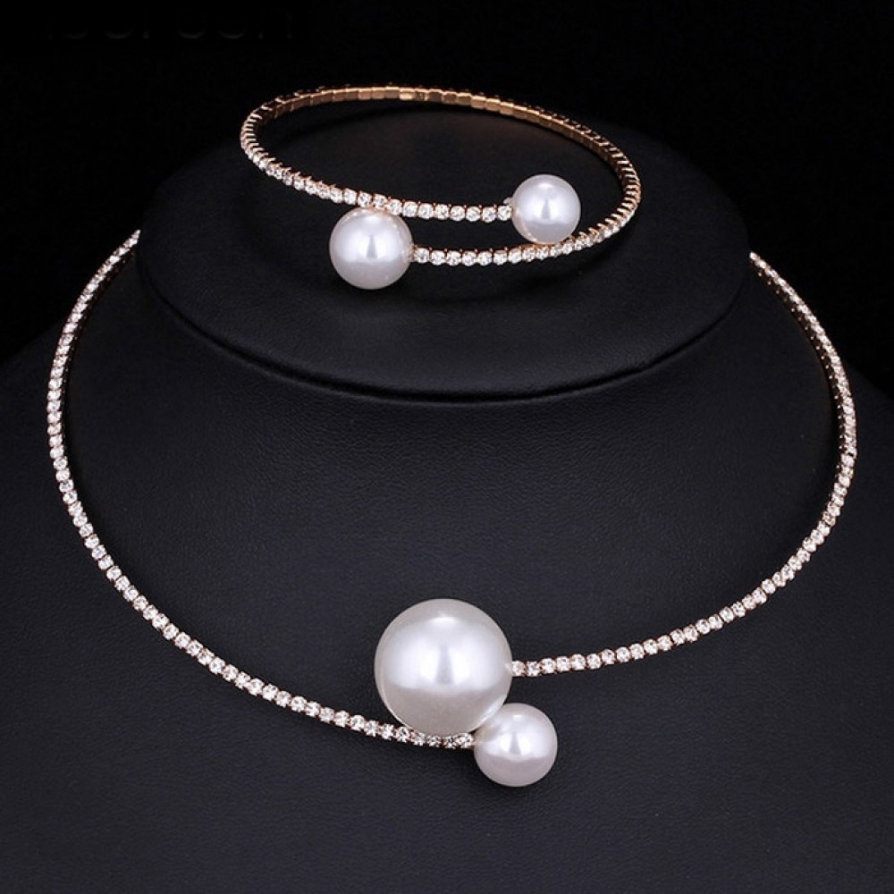 Fashion Women Simple Simulated Pearl Bridal Jewelry Sets Crystal Wedding Necklace+Bracelet Set KQS8