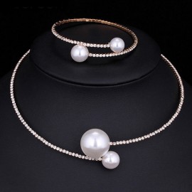 Fashion Women Simple Simulated Pearl Bridal Jewelry Sets Crystal Wedding Necklace+Bracelet Set KQS8