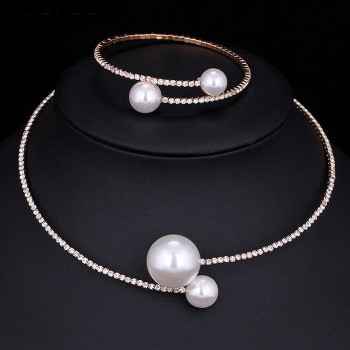 Fashion Women Simple Simulated Pearl Bridal Jewelry Sets Crystal Wedding Necklace+Bracelet Set KQS8