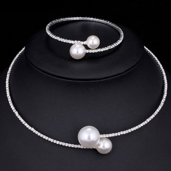 Fashion Women Simple Simulated Pearl Bridal Jewelry Sets Crystal Wedding Necklace+Bracelet Set KQS8