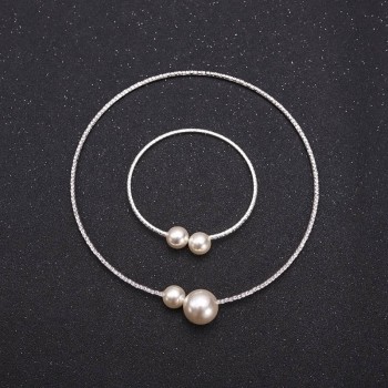 Fashion Women Simple Simulated Pearl Bridal Jewelry Sets Crystal Wedding Necklace+Bracelet Set KQS8