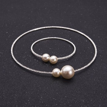 Fashion Women Simple Simulated Pearl Bridal Jewelry Sets Crystal Wedding Necklace+Bracelet Set KQS8