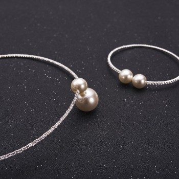 Fashion Women Simple Simulated Pearl Bridal Jewelry Sets Crystal Wedding Necklace+Bracelet Set KQS8