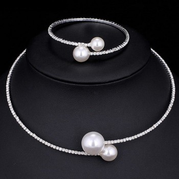 Fashion Women Simple Simulated Pearl Bridal Jewelry Sets Crystal Wedding Necklace+Bracelet Set KQS8