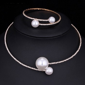 Fashion Women Simple Simulated Pearl Bridal Jewelry Sets Crystal Wedding Necklace+Bracelet Set KQS8