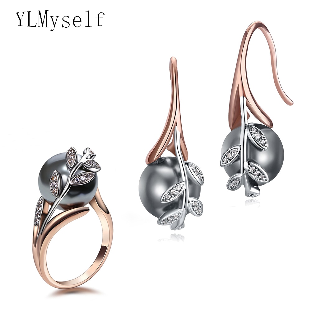 Big discount sale Earrings ring sets Rose gold plate pave grey pearl amp; cubic zircon Wholesale jewelry set for women