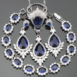 Drop Dark Blue Cubic Zirconia Silver 925 Costume Jewelry Sets For Women Earrings/Rings/Pendant/Necklace/Bracelets Free Gift  Box