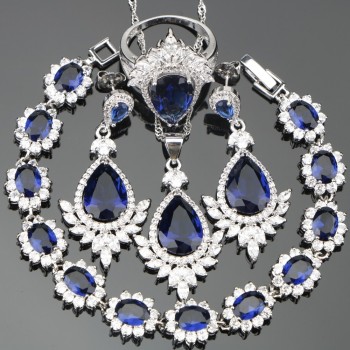 Drop Dark Blue Cubic Zirconia Silver 925 Costume Jewelry Sets For Women Earrings/Rings/Pendant/Necklace/Bracelets Free Gift  Box