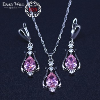 Silver 925 Jewelry Set for Women Fashion Beaded Necklace Drop Earring Ring 4 Pcs Bridal Costume Jewelry Sets Decorations