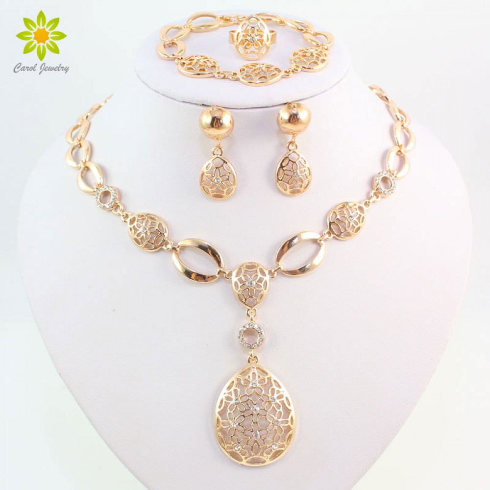 Fashion Vintage Clear Crystal Gold Color African Bridal Costume Jewelry Sets Nigerian Wedding Water Drop Necklace Earrings Set