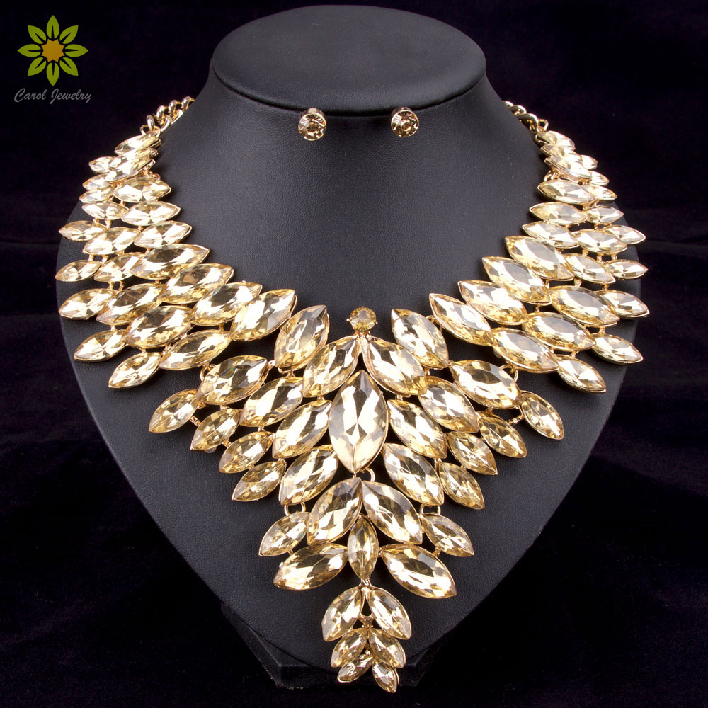6Colors African Bead Jewelry Sets Wedding Necklace Womens Jewellery Set Gold Color Crystal Necklace And Earrings