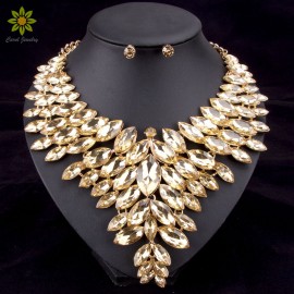 6Colors African Bead Jewelry Sets Wedding Necklace Womens Jewellery Set Gold Color Crystal Necklace And Earrings