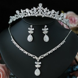 ASNORA 3pcs Cubic Zirconia Jewelry Sets Princess Bridal Wedding Crown Tiara Ornaments Necklace