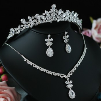ASNORA 3pcs Cubic Zirconia Jewelry Sets Princess Bridal Wedding Crown Tiara Ornaments Necklace