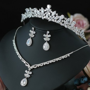 ASNORA 3pcs Cubic Zirconia Jewelry Sets Princess Bridal Wedding Crown Tiara Ornaments Necklace