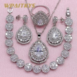 Exquisite Pure White Cubic Zirconia 925 Silver Jewelry Sets For Women Wedding Necklace Drop Earrings Bracelet Ring Free Gift Box