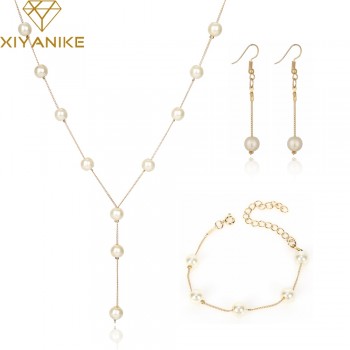 XIYANIKE Fashion Gold Bridal Jewelry Sets Simulated Pearl Wedding Tassel Earrings Necklace Party Beads Bracelet Accessories N334
