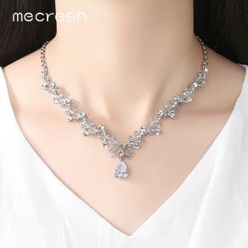 Mecresh Luxury Cubic Zirconia Bridal Jewelry Sets Leaf-Shape Crystal Rhinestone Party Wedding Jewelry Necklace Sets MTL486
