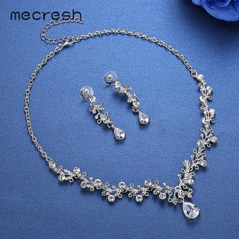 Mecresh Luxury Cubic Zirconia Bridal Jewelry Sets Leaf-Shape Crystal Rhinestone Party Wedding Jewelry Necklace Sets MTL486