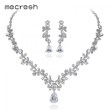 Mecresh Luxury Cubic Zirconia Bridal Jewelry Sets Leaf-Shape Crystal Rhinestone Party Wedding Jewelry Necklace Sets MTL486