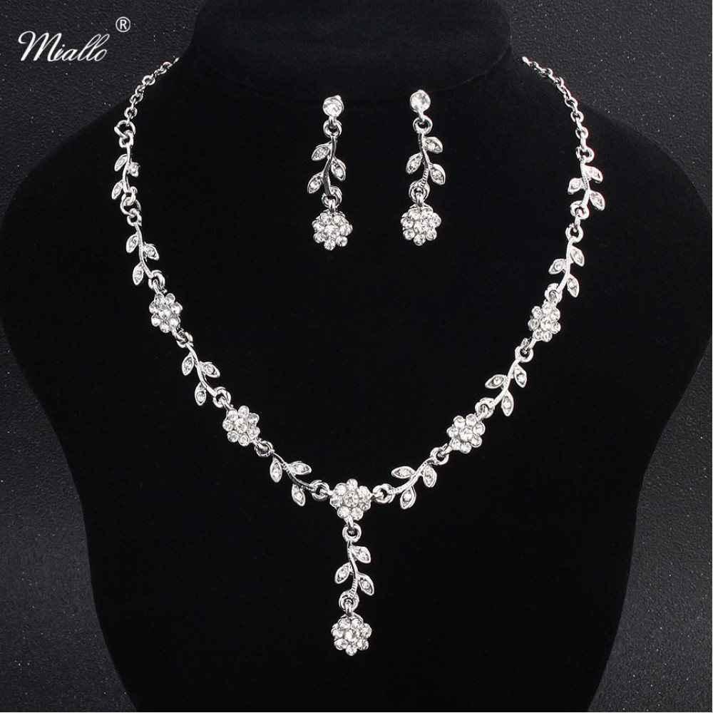 Miallo Charms Flower Rhinestone Jewelry Necklace Earrings Set Elegant Shinning Crystal Wedding Bride Party Pendant Drop Earrings