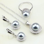 925 Sterling Silver Jewelry White Cubic Zirconia Round Gray Imitation Pearl Jewelry Set For Women Earrings/Ring/Pendant/Necklace