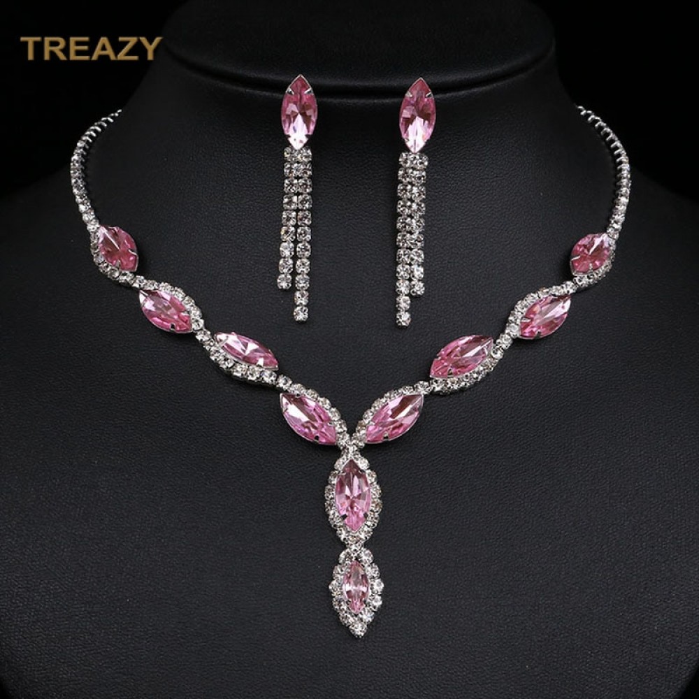 Fashion Leaf Tassel Wedding Jewelry Sets Charm Pink Crystal Choker Necklace Earrings Set Bridal Jewelry Sets Women Accessories