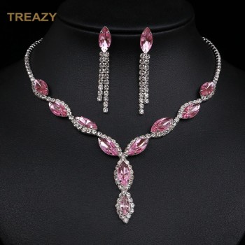 Fashion Leaf Tassel Wedding Jewelry Sets Charm Pink Crystal Choker Necklace Earrings Set Bridal Jewelry Sets Women Accessories