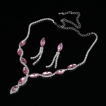 Fashion Leaf Tassel Wedding Jewelry Sets Charm Pink Crystal Choker Necklace Earrings Set Bridal Jewelry Sets Women Accessories